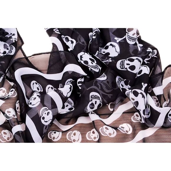 NEW Soft Silky Poly Chiffon B/W Long Scarf w/Skull & Stripe Border 19” W… - Picture 4 of 8
